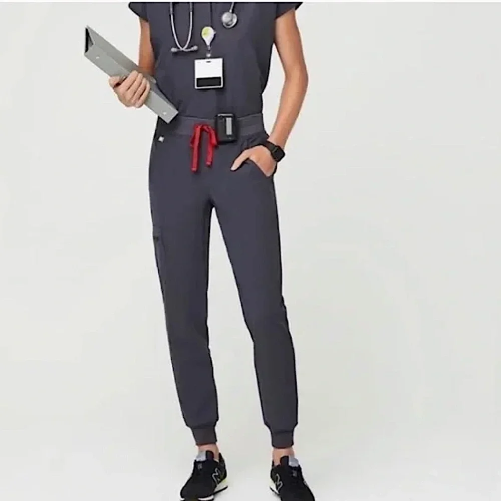 Figs Set Zamora Jogger Pants & Catarina Top Scrubs Charcoal Gray Red Size XXS - Picture 2 of 12